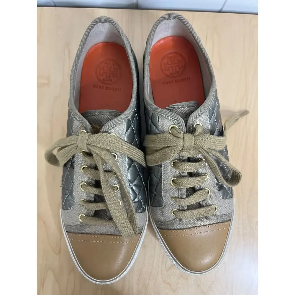 Tory Burch Caspe Quilted Gold Metallic Sneakers Size‎ 9.5